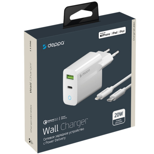 Сетевое зарядное устройство Deppa 20W USB-A/USB-C 11396 White